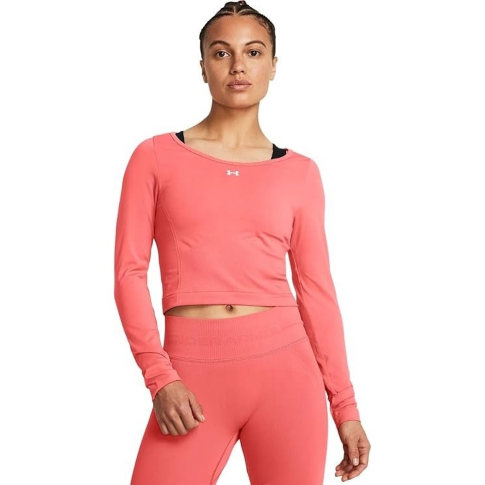 Under Armour Womens Long Sleeve Crop Top Coral Orange Athletic Gym Shirt Large